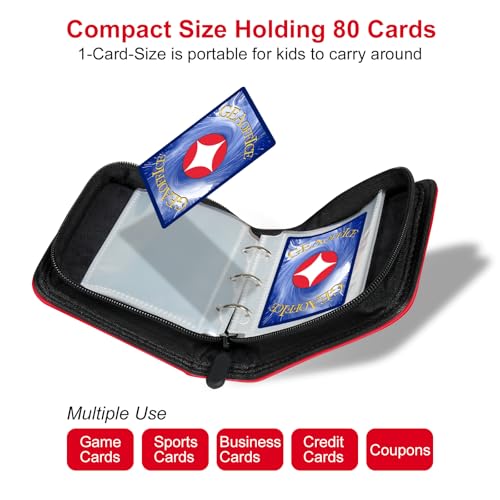 GEAoffice Small Trading Card Binder 1 Pocket Holds 80 Cards, Zip Close, Red | Super Lightweight, 40 Removable Acid-free & Non-PVC Sleeves, PU Leather, Card Album Binder for TCG, MTG, Sports&Games, Gifts - color: Red-Dia