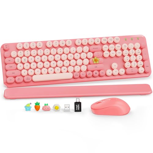 Wireless Keyboard and Mouse Combo, Cute Full-Size Retro Typewriter Keyboard with Round Keycaps, Magnetic Wrist Rest, Tilt Legs, 2.4GHz Cordless for Mac, Windows PC, Laptop, SABLUTE CK23, Baby Pink | Full-Size Retro Typewriter-Style Keyboard, Tilt Legs, Au