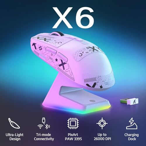 MAMBASNAKE Attack Shark X6 Wireless Gaming Mouse,RGB Magnetic Charging Dock,X3 Upgrade, 49g Ultralight 2.4GHz/BT5.2/USB-C Tri-Mode,PAW3395 Sensor 26KDPI,G502 Programmable Mice for Win/Mac-White&Tape - color: White&Tape