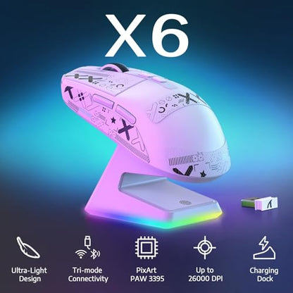 MAMBASNAKE Attack Shark X6 Wireless Gaming Mouse,RGB Magnetic Charging Dock,X3 Upgrade, 49g Ultralight 2.4GHz/BT5.2/USB-C Tri-Mode,PAW3395 Sensor 26KDPI,G502 Programmable Mice for Win/Mac-White&Tape - color: White&Tape