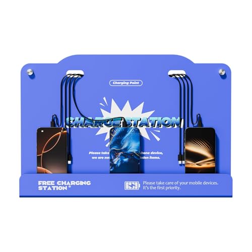 8-Port Wall Mounted Charging Station with Universal Cables – Fast Charging Dock for iPhone, Android & Type-C Devices – Perfect for Office, Airport, Hotel & School Use (Blue) - color: Blue