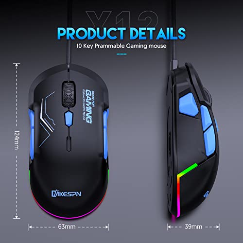High-Performance Wired Gaming Mouse with Dynamic RGB Lighting, 12800 DPI Adjustable, Multi-Functional Mouse with 10 Customizable Macro Buttons (Black-Blue) - color: Black-Blue
