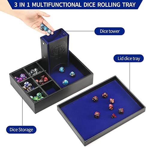 Grajar 3 in 1 Dice Tray with Lid, Portable Dice Box Storage for DND, Dungeons and Dragons, D&D, MTG & RPG Games - Blue - color: Blue