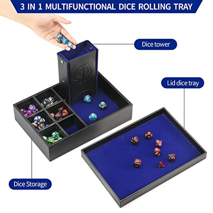 Grajar 3 in 1 Dice Tray with Lid, Portable Dice Box Storage for DND, Dungeons and Dragons, D&D, MTG & RPG Games - Blue - color: Blue