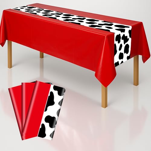 3 Pack 108 x 54 Inch Cow Print Tablecloth Cow Plastic Table Cover Birthday Party Table Cloth Disposable Plastic Farm Animal Party Cover for Disco Cowgirl Decorations Supplies Red - color: Red Cow, size: 3pcs