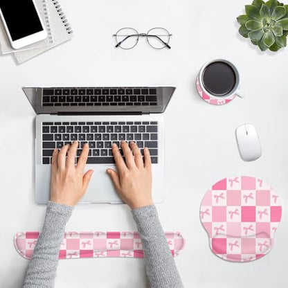 Ergonomic Mouse Pad Set with Wrist Rest, Pink Bow | Checkered Kawaii Non-Slip Rubber Base Wrist Cushion Support and Coasters Mousepad with Wrist Support for Computer Keyboard - color: Pink Retro
