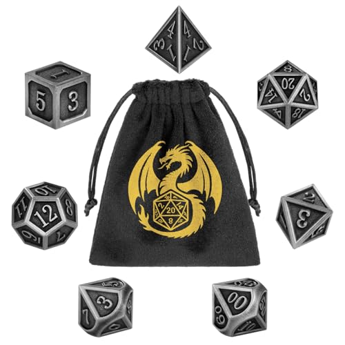 Metal Dice Set, 7pcs Polyhedral Metal DND Dice Set, DND Starter Set, D&D Gifts with Gift Bag, Role Playing Board Games Accessories, Silver - color: Silver + Gift Bag