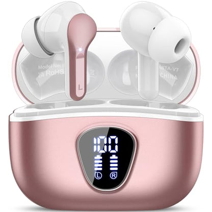 Wireless Earbuds, Bluetooth 5.4 Headphones HiFi Stereo, Bluetooth Earbuds with ENC Noise Cancelling Mic, IP7 Waterproof in Ear Earphones, 48H, LED Display Ear buds for Pad Workout Sports, Rose Gold - color: Rose Gold