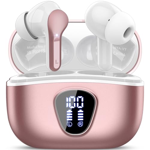 Wireless Earbuds, Bluetooth 5.4 Headphones HiFi Stereo, Bluetooth Earbuds with ENC Noise Cancelling Mic, IP7 Waterproof in Ear Earphones, 48H, LED Display Ear buds for Pad Workout Sports, Rose Gold - color: Rose Gold