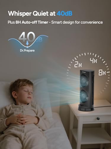 DR.PREPARE Desk Fan USB DC Tower Cooling Fan with Remote Control, DC Motor Portable Oscillating Fan, 3 Speeds, Dual Air Circulation, 110° Oscillation, Table Fan for Bedroom Dorm Room Office Desktop