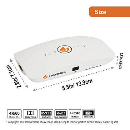 J-Tech Digital HDMI Switch 5X1 HDMI2.0 4K@60Hz, HDCP 2.2, HDR, YUV 4:4:4 with Remote Control and auto-Switching Function with Control4 Driver Available [JTECH-18GSW5]