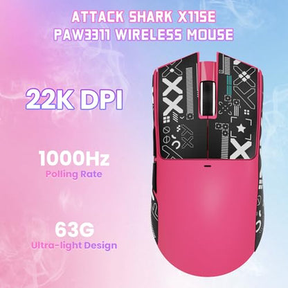 ATTACK SHARK X11SE Wireless Gaming Mouse, 59g Lightweight, Magenta&Tape | Bluetooth/2.4Ghz Wireless/Wired Connectivity, 22K DPI, PixArt PAW3311 Gaming Sensor, 1K Polling Gamer Mice for PC/Mac - color: Magenta&Tape