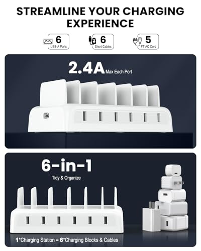Charging Station for Multiple Devices, Honcila 50w 6 Port Fast Charger Stations for iPhone, iPad, Cell Phone, Tablet, Multi Device Charging Dock Organizer with 6 Mixed Charging Cables