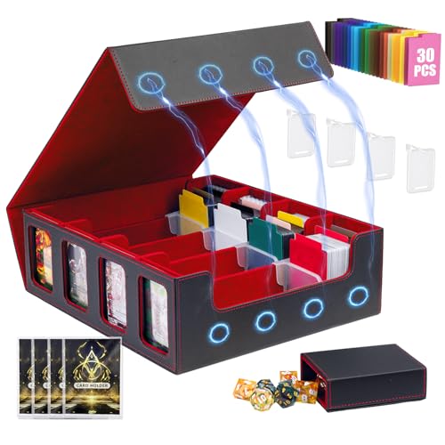 3200 MTG Deck Box TCG Card Storage Box Card Organizer Box with Dividers, MTG Commander Deck Box with Front Window for Top Loaders, Black Red - color: Black-Red