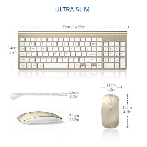 Wireless Keyboard and Mouse Ultra Slim Combo, TopMate 2.4G Silent Compact USB 2400DPI Mouse and Scissor Switch Keyboard Set with Cover, Batteries Included, for PC/Laptop/Windows/Mac - Gold White - color: Gold White