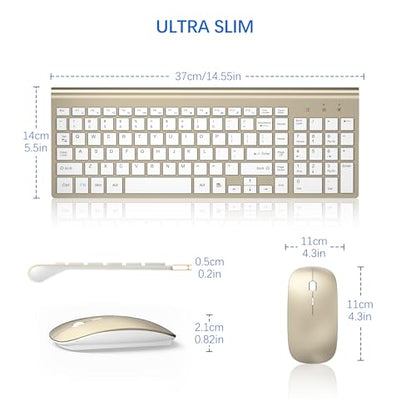 Wireless Keyboard and Mouse Ultra Slim Combo, TopMate 2.4G Silent Compact USB 2400DPI Mouse and Scissor Switch Keyboard Set with Cover, Batteries Included, for PC/Laptop/Windows/Mac - Gold White - color: Gold White