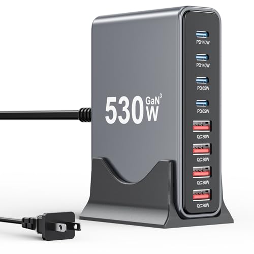 530W USB C Charger Block,8-Port USB C Charging Station GaN IV Travel Essentials Multiple Port Charging Station,140W Laptop Fast Charger Adapter for MacBook Pro/Air,DELL,iPad,iPhone,Samsung Galaxy - color: Black