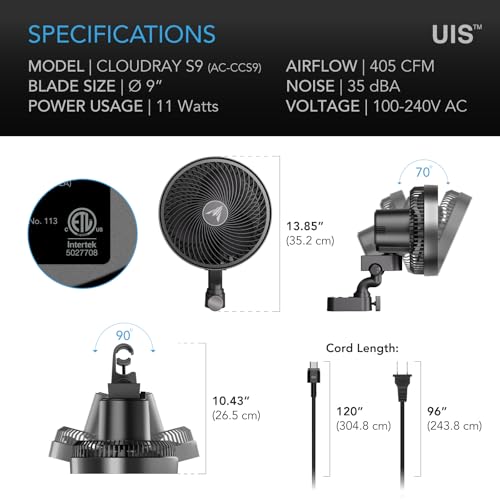 AC Infinity CLOUDRAY S9 Grow Tent Clip Fan 9” | Redesigned Long-Life EC Motor, 10 Dynamic Wind Speeds, 10-Level Oscillation, IP-54 Weatherproof for Grow Tent Cooling - size: 9", Auto Oscillation