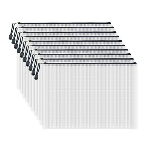 10 Pcs Zipper File Bags, Waterproof Plastic Mesh Pouch for Office School, Board Game Storage Bags (A4 Size 13.4''x9.4'', White and Black) - color: White and Black, size: A4 Size 13.4 x 9.4 inch