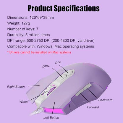 Lomiluskr AJ52 RGB Wired Gaming Mouse, 7 Programmable Buttons, Computer Mice with RGB Lighting, 200-4800 DPI Adjustable, for PC/Laptop (Purple) - color: Purple