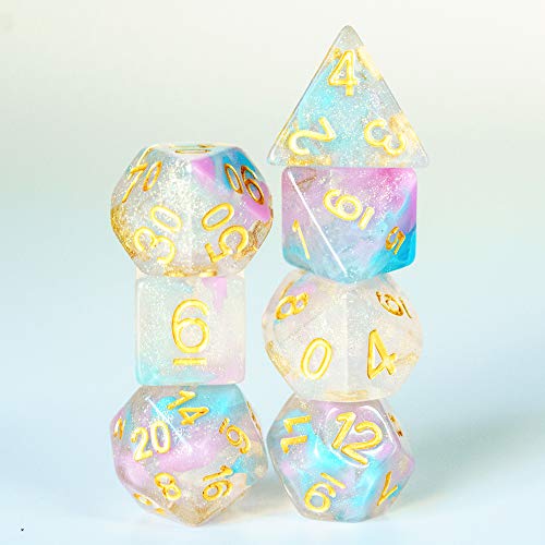 UDIXI Glitter DND Dice Set, Galaxy D&D Polyhedral Dice Set Iridecent Swirls | Pink & Cyan Colors, Gold Number, Velvet Dice Bag Packaging, for Dungeons and Dragons Role Playing Games and Tabletop Games - color: Pink Cyan