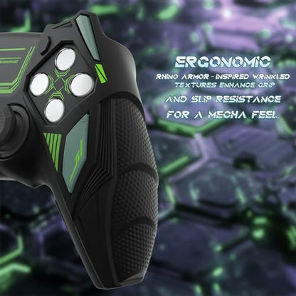 PlayVital Silicone Skin Set for PS5 Controller - Mecha Rhino Design, Anti-Slip Grip Cover Protector Compatible with Charging Dock, with Thumb Grips & Touchpad Sticker - Black & Green - color: Black & Green