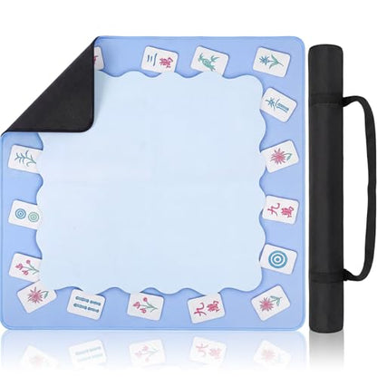 Blue Mahjong Mat with Drawstring Bag 31.5” x 31.5” Anti Slip Noise Reduction Mahjong Mat for Table Gaming Table Cover for Poker, Board Games and Card Games