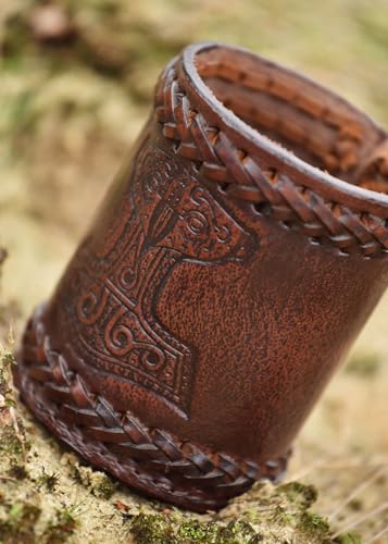 Ulfberth - Viking dice Cup with Embossed Motif - Genuine Leather - Medieval Leather Cup with Engraving (Thor's Hammer Style, Brown) - color: Thor's Hammer, Brown