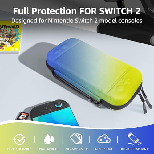 BRHE Switch 2 Carry Case Compatible with Nintendo Switch 2 Console,Large Capacity Switch 2 Case, Portable Hard Travel Bag for Switch 2 Console & Accessories, 30 Game Card Slots (Blue Yellow Gradient) - color: Blue Yellow Gradient