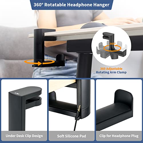 KIWIFOTOS PC Gaming Headphone Holder Under Desk Headset Hanger + 4 in 1 Headphone Stand with Mouse Bungee & RGB Light & USB Port