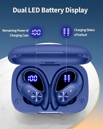 PocBuds Bluetooth Headphones Wireless Earbuds 80hrs Playtime Wireless Charging Case Digital Display Sports Ear Buds with Earhook Deep Bass IPX7 Waterproof Over-Ear Earphones for TV Phone Laptop Navy - color: Navy, style: Standard