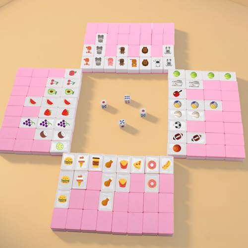 4 Players Mahjong Block Set, 128 Pink Tiles(1.18”) with 4 Different Patterns, Portable Plastic Mahjongg Set with A Carry Bag & Instruction, Mahjong Tile Game for Adult