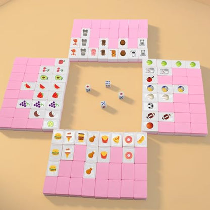 4 Players Mahjong Block Set, 128 Pink Tiles(1.18”) with 4 Different Patterns, Portable Plastic Mahjongg Set with A Carry Bag & Instruction, Mahjong Tile Game for Adult