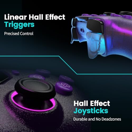 Linhugame Wireless Controller for PS5/Pro/Slim/PC, with Transparent Shell/RGB Tape Light/Hall Effect Joyticks and Trigger/Macro/Turbo/3.5mm Audio Jack/Speaker and Mic/1500 mAh Large Battery Gamepad（purple）