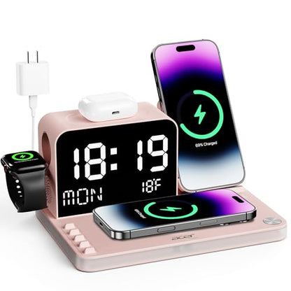 Acer 7-in-1 Wireless Charging Station with LED Clock - 30W Fast Wireless Charger for iPhone 16/15/14/13/12/Pro Max, Apple Watch, AirPods - Bluetooth Auto Time Sync & Night Lights (Pink) - color: Pink
