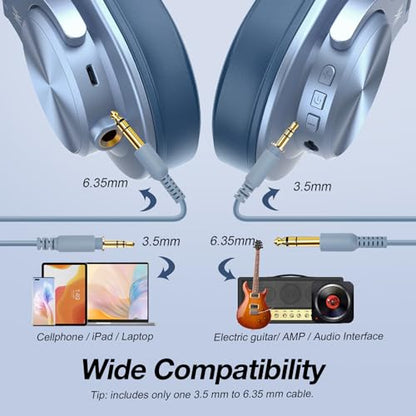 OneOdio A70 Bluetooth Over Ear Headphones, Wireless Headphones w/ 72H Playtime, Hi-Res, 3.5mm/6.35mm Wired Audio Jack for Studio Monitor & Mixing DJ Guitar AMP, Computer Laptop PC Tablet - Sky Blue - color: Sky Blue