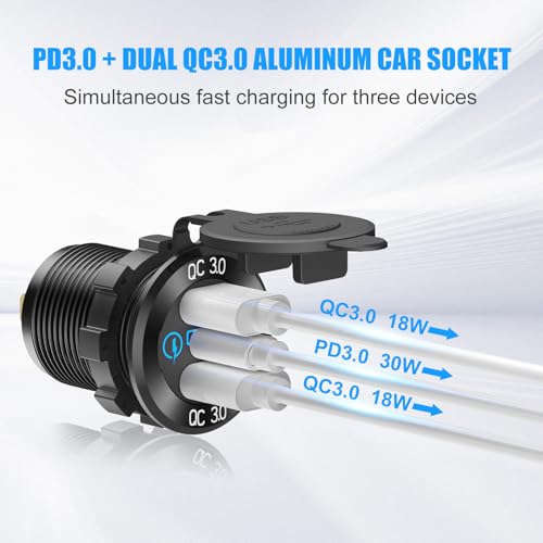 4 in 1-12V USB Outlet RV Accessories Marine Switch Panel Plug, PD3.0 and Dual QC3.0 Car USB Port Aluminum Charger, Lighted 150W Cigarette Lighter Socket, Blue LED Voltmeter and Toggle Switch DIY Kit - color: Charger+Socket+Voltmeter+Switch