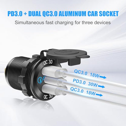4 in 1-12V USB Outlet RV Accessories Marine Switch Panel Plug, PD3.0 and Dual QC3.0 Car USB Port Aluminum Charger, Lighted 150W Cigarette Lighter Socket, Blue LED Voltmeter and Toggle Switch DIY Kit - color: Charger+Socket+Voltmeter+Switch