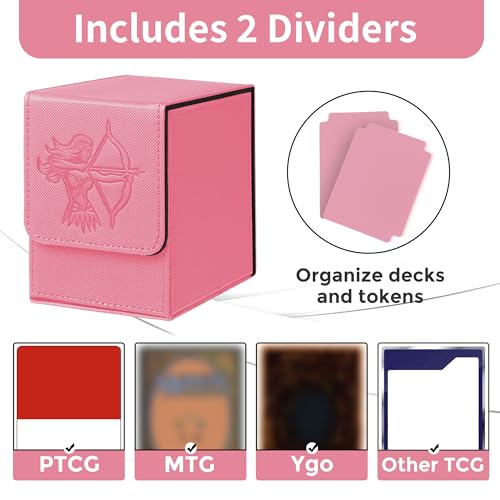 Card Deck Box with 2 Dividers, MTG Commander Deck Box Holds 100+ Double-Sleeved Cards, Leather Magnetic Deck Case Compatible with Magic TCG CCG Cards, Pink/Elf - color: 4. Pink,Elf 01, size: 100 Double-sleeved Cards Vertical