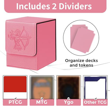 Card Deck Box with 2 Dividers, MTG Commander Deck Box Holds 100+ Double-Sleeved Cards, Leather Magnetic Deck Case Compatible with Magic TCG CCG Cards, Pink/Elf - color: 4. Pink,Elf 01, size: 100 Double-sleeved Cards Vertical
