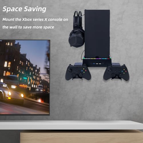 Mcbazel Wall Mount with Cooling Fan for Xbox Series X, Xbox Series X 4 in 1 Wall Mount Kit, 3-Speed Low Noise Fan with RGB Light & 3 USB Ports, Controller & Headset Holder - Black