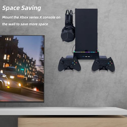 Mcbazel Wall Mount with Cooling Fan for Xbox Series X, Xbox Series X 4 in 1 Wall Mount Kit, 3-Speed Low Noise Fan with RGB Light & 3 USB Ports, Controller & Headset Holder - Black