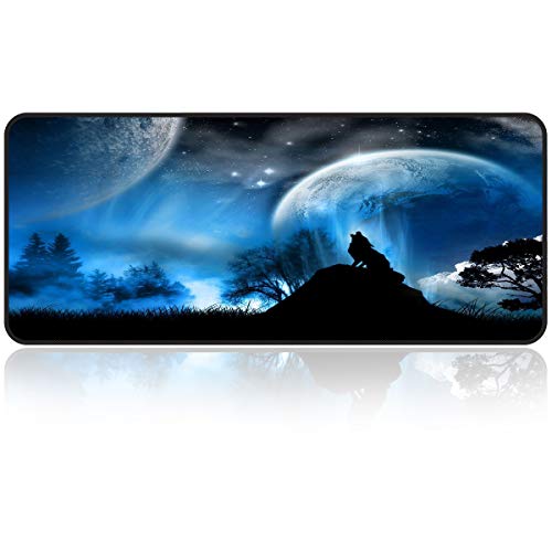 Qisan Large Gaming Mouse Pad Extended Size Mousepad for Computer Desktop PC Laptop 31.5"x11.8"x0.15" Keyboard Pad Desk Pad with Anti-Slip Rubber Base Large Desk Mat for Keyboard and Mouse-Wolf & Moon - color: Cool Wolf & Moon