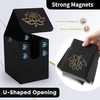 Card Deck Box with 2 Dividers, MTG Commander Deck Box Holds 100+ Double-Sleeved Cards, Leather Magnetic Deck Case Compatible with Magic TCG CCG Cards, Golden Lotus - color: 4. White&Lotus01&HS-Golden, size: 100 Double-sleeved Cards Vertical
