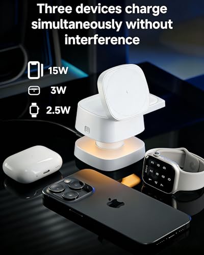 4-in-1 Wireless Charging Station, 15W Fast Charging with Adjustable Night Light, Multi Device Charging Station, Compatible with iPhone 15/14/13/12 Series, Apple Watch, AirPods – White - color: WHITE