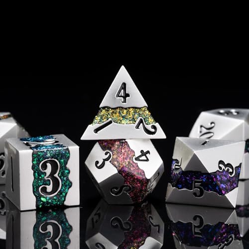 Polyhedral Metal Dice Set,7pcs Set Glitter Stripe DND Dice with Gift Box for RPG - color: Pearl Silver Seven Colors