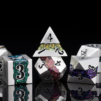 Polyhedral Metal Dice Set,7pcs Set Glitter Stripe DND Dice with Gift Box for RPG - color: Pearl Silver Seven Colors