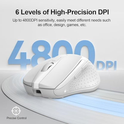 TECKNET Wireless Mouse Rechargeable, 2.4G Computer Mice with USB-A Receiver | 2.4G Connection, 800mAh Battery, 3X Faster Charging, Silent Click, 6-Level 4800 DPI, Ergonomic Design for All-day Comfort - color: White