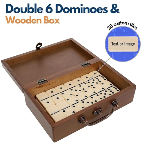WE Games Custom Color Text Print Double 6 Dominoes in Wooden Treasure Box, Dominoes Set for Adults, Personalized Gifts - color: Walnut