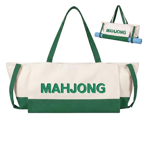 Abbylike 28x9 Inches Mahjong Bag for Rolled Mat Tiles Racks Pushers Accessories Empty Mahjong Tote Bag with Zipper Closure Outer Pockets Lining Large Capacity(Beige&Green,Canvas) - color: Beige&green